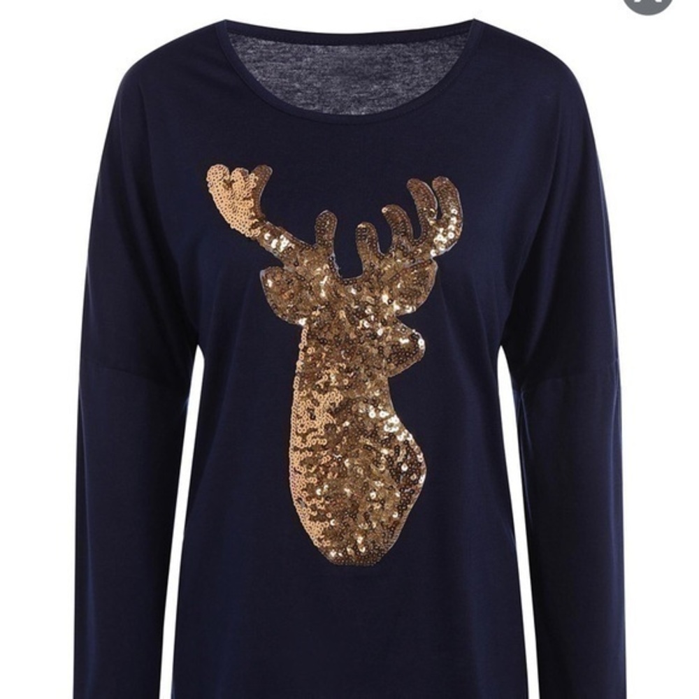Navy blue sequined golden deer holiday top small